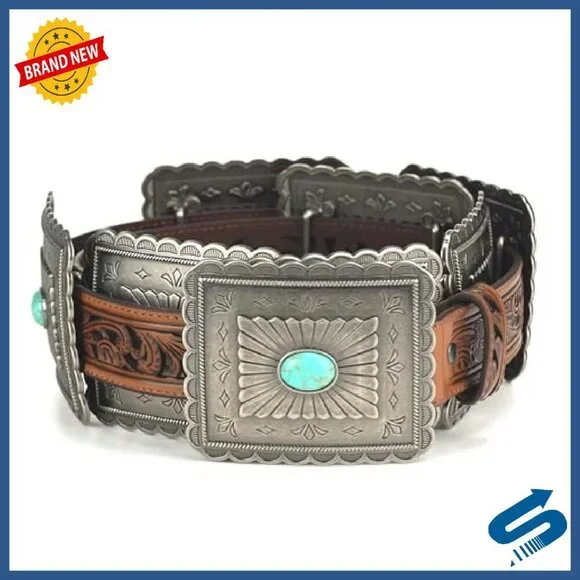 Women's Western Belt with Concho Accents and Turquoise Stone - Picture 2 of 8